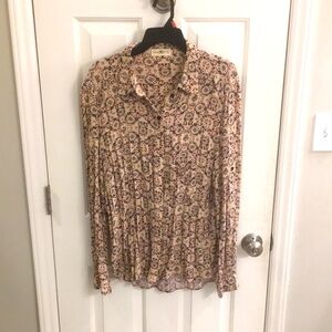 Natural Life crinkle gauze LS button-up blouse, retro cream/Navy/Red print, XL